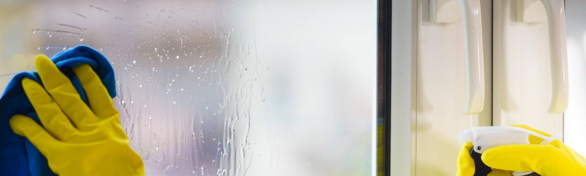 Female hand in yellow gloves cleaning window pane with rag and spray detergent. Cleaning concept
