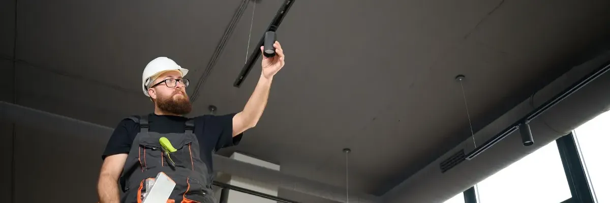 Fabric Technician installing new light fitting in commercial building